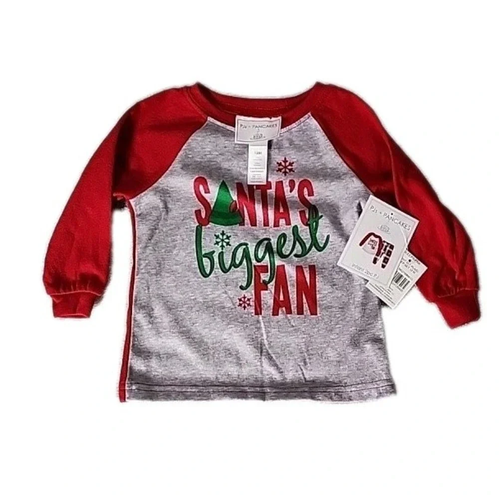 PJ's + Pancakes Shirt Infant 12m Red Gray Santa's Biggest‎ Fan Long Sleeve Tee